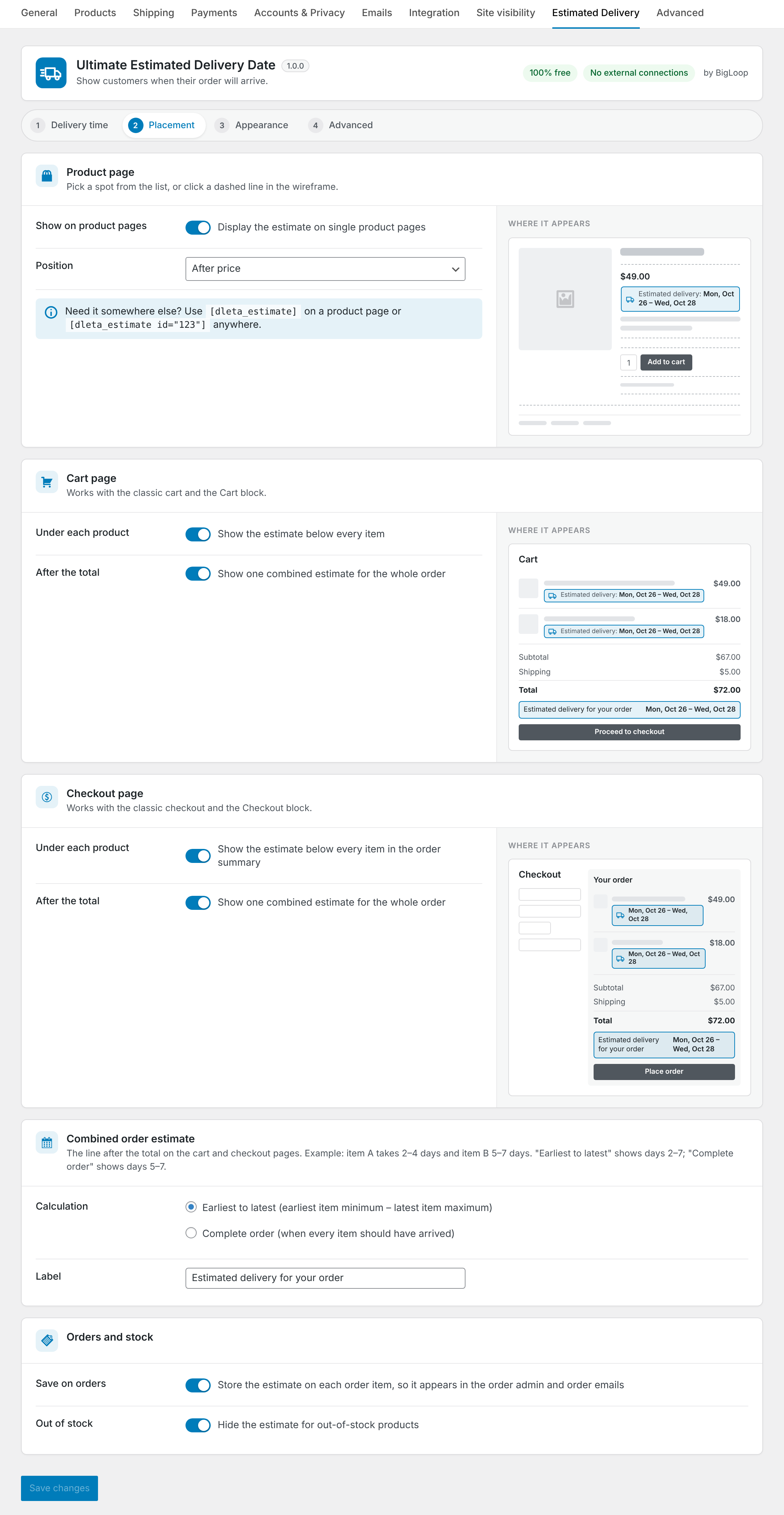 Placement settings with page wireframes.