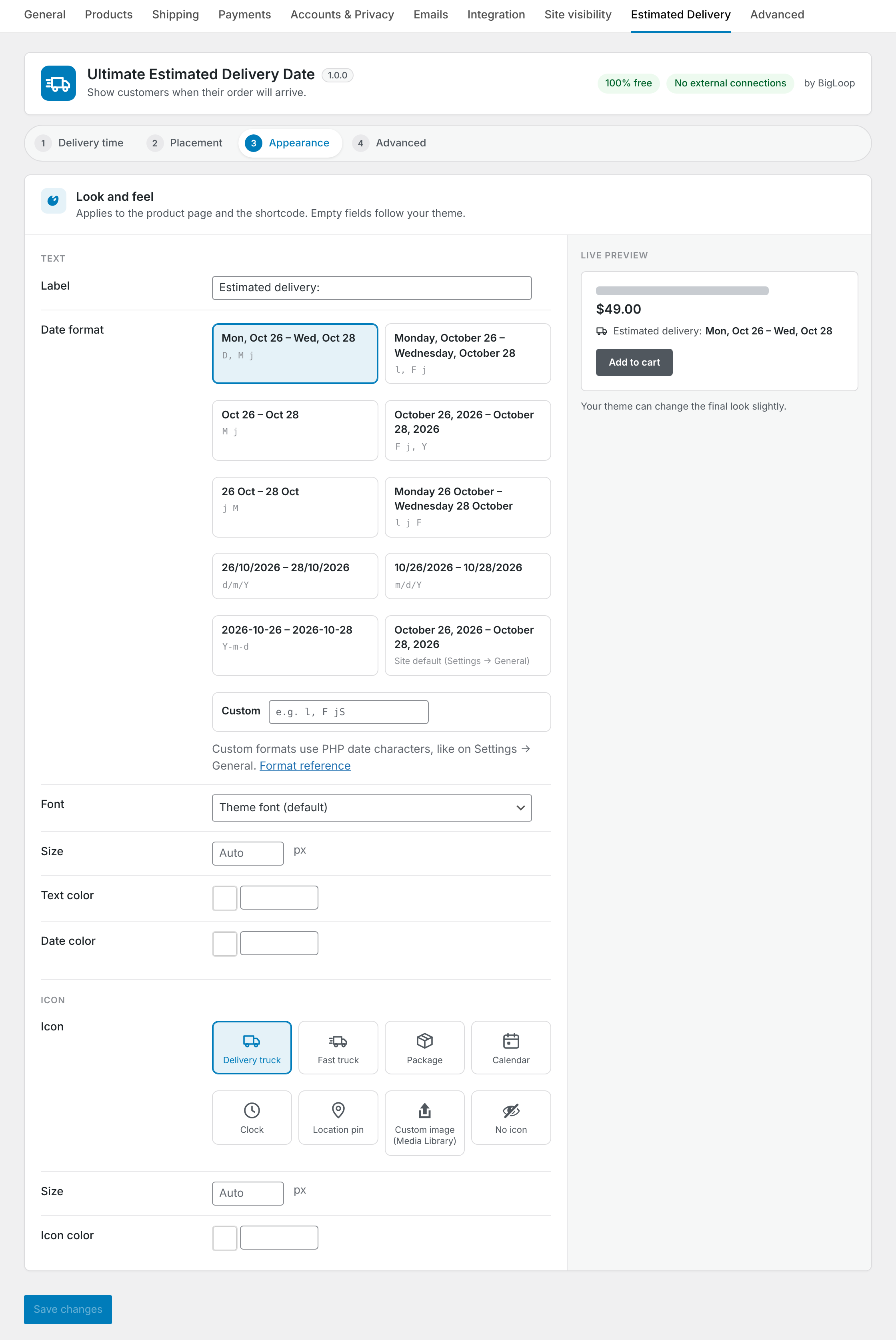 Appearance settings with a live preview.