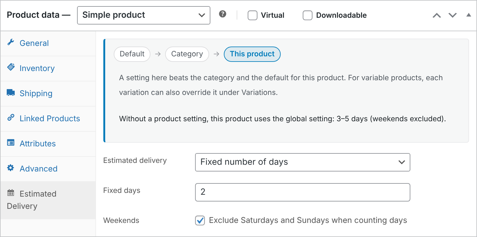Per-product override in the Estimated Delivery product data tab.