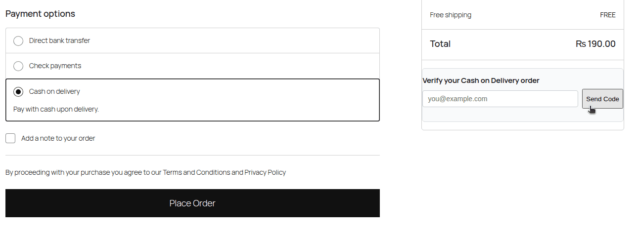 OTP verification box (Email) on the Blocks checkout.