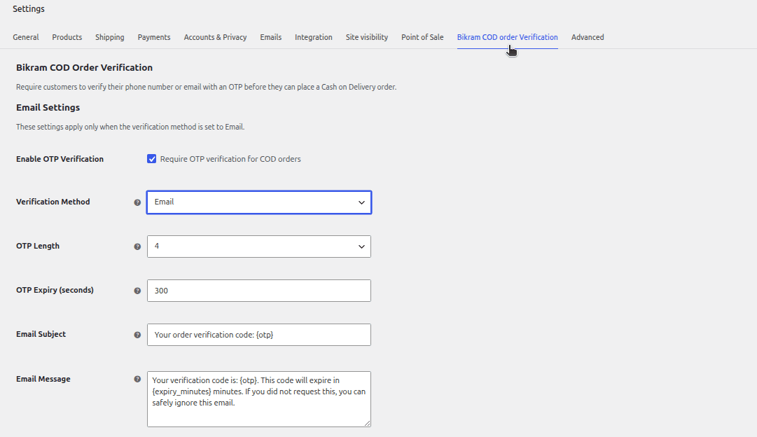 Plugin settings page under WooCommerce > Settings.