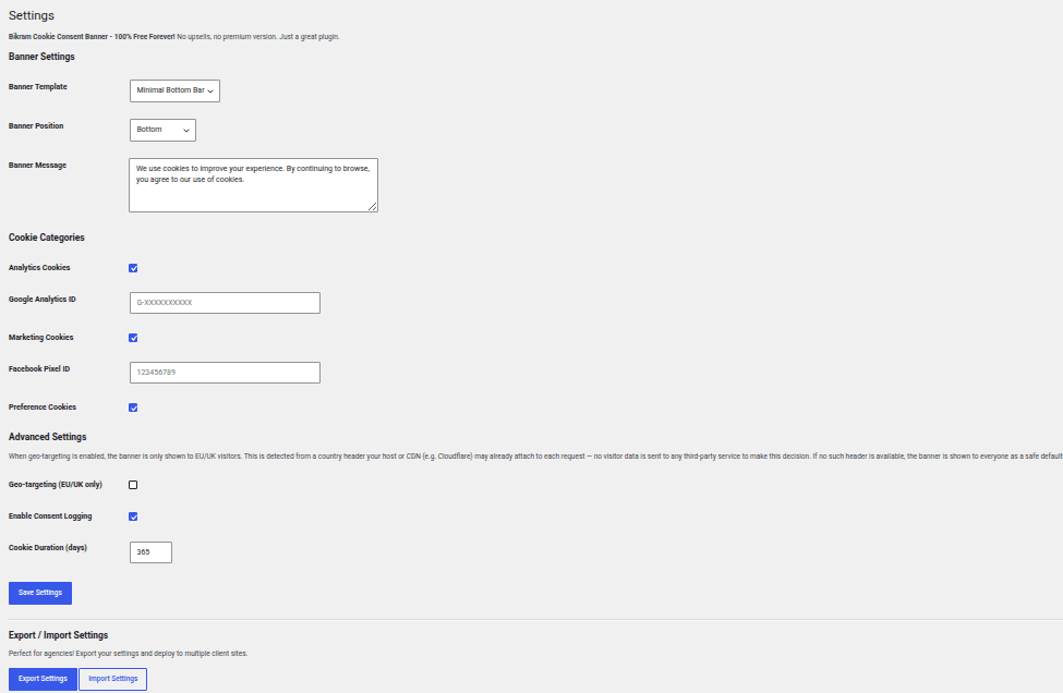 Settings — banner style, cookie categories, and Analytics/Pixel integration