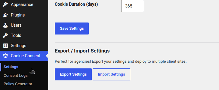 Admin menu, cookie duration, and export/import settings