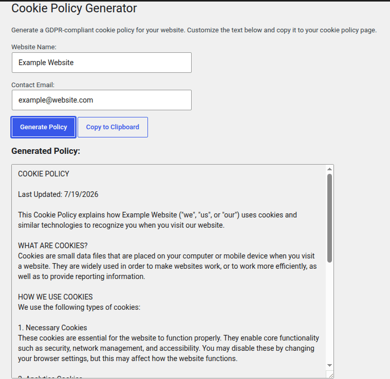 Built-in cookie policy generator