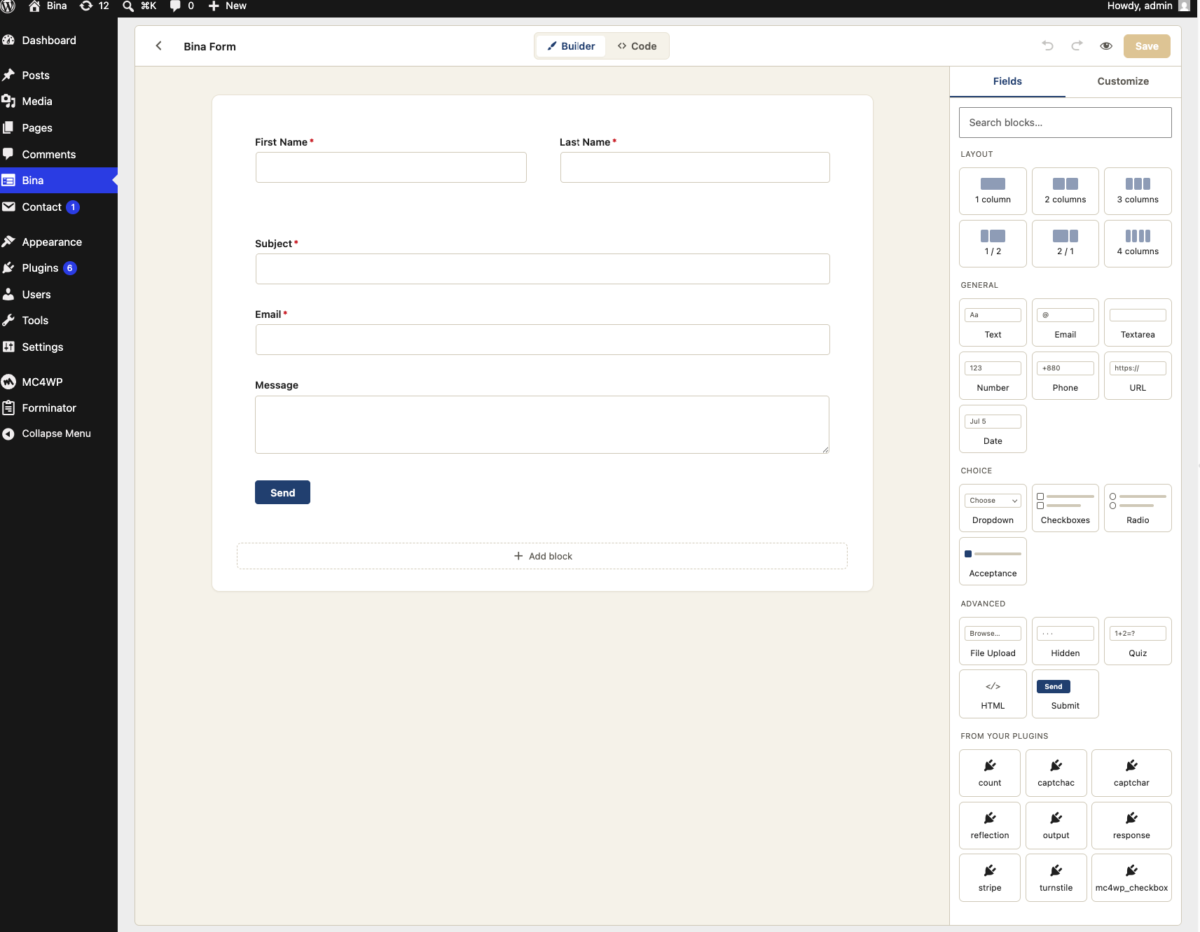 The visual builder — drag-and-drop fields, rows and columns, and a searchable field library that even lists tags from your CF7 add-ons.