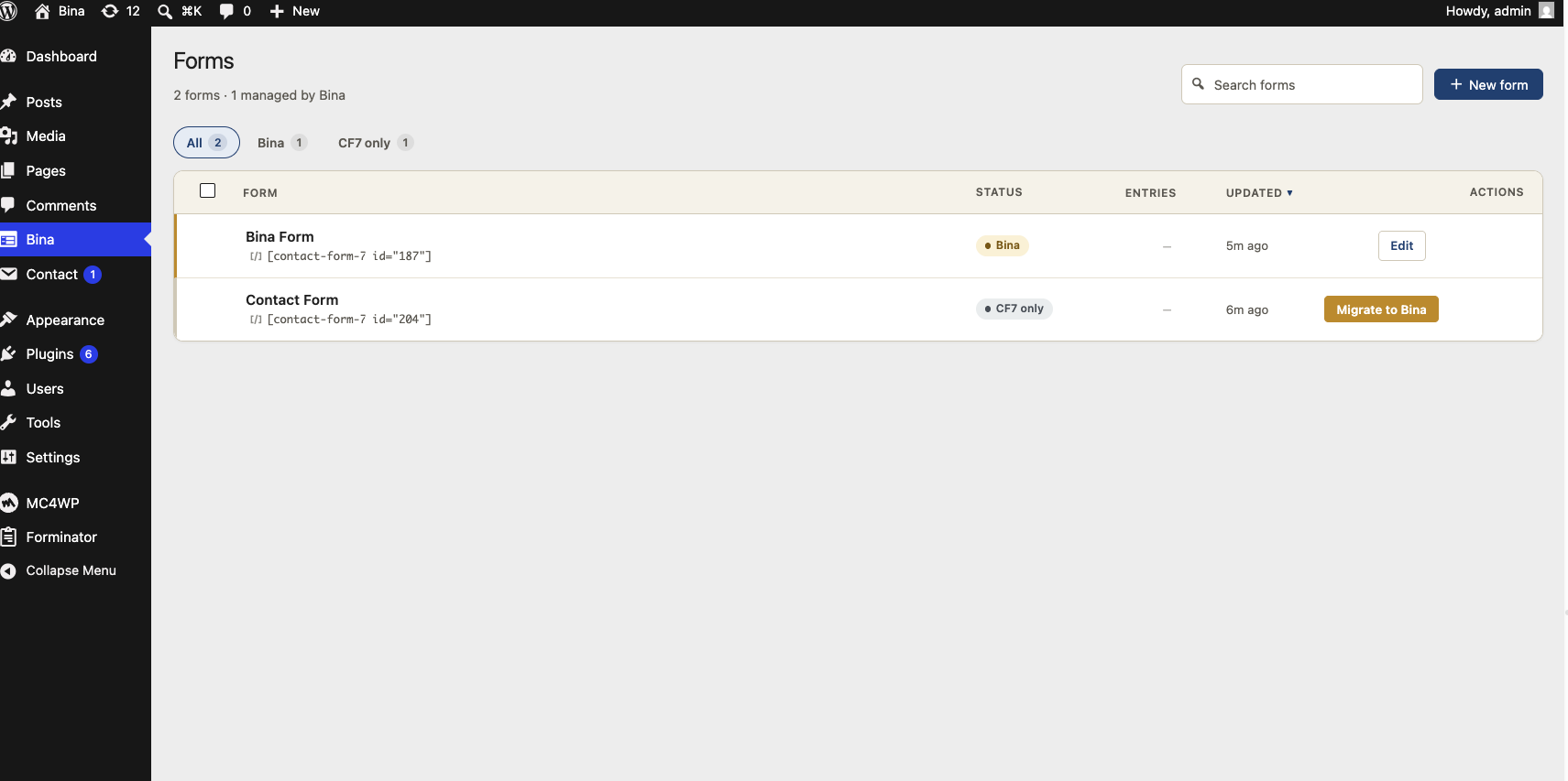 Forms list — every CF7 form in one place, each with a one-click "Migrate to Bina".