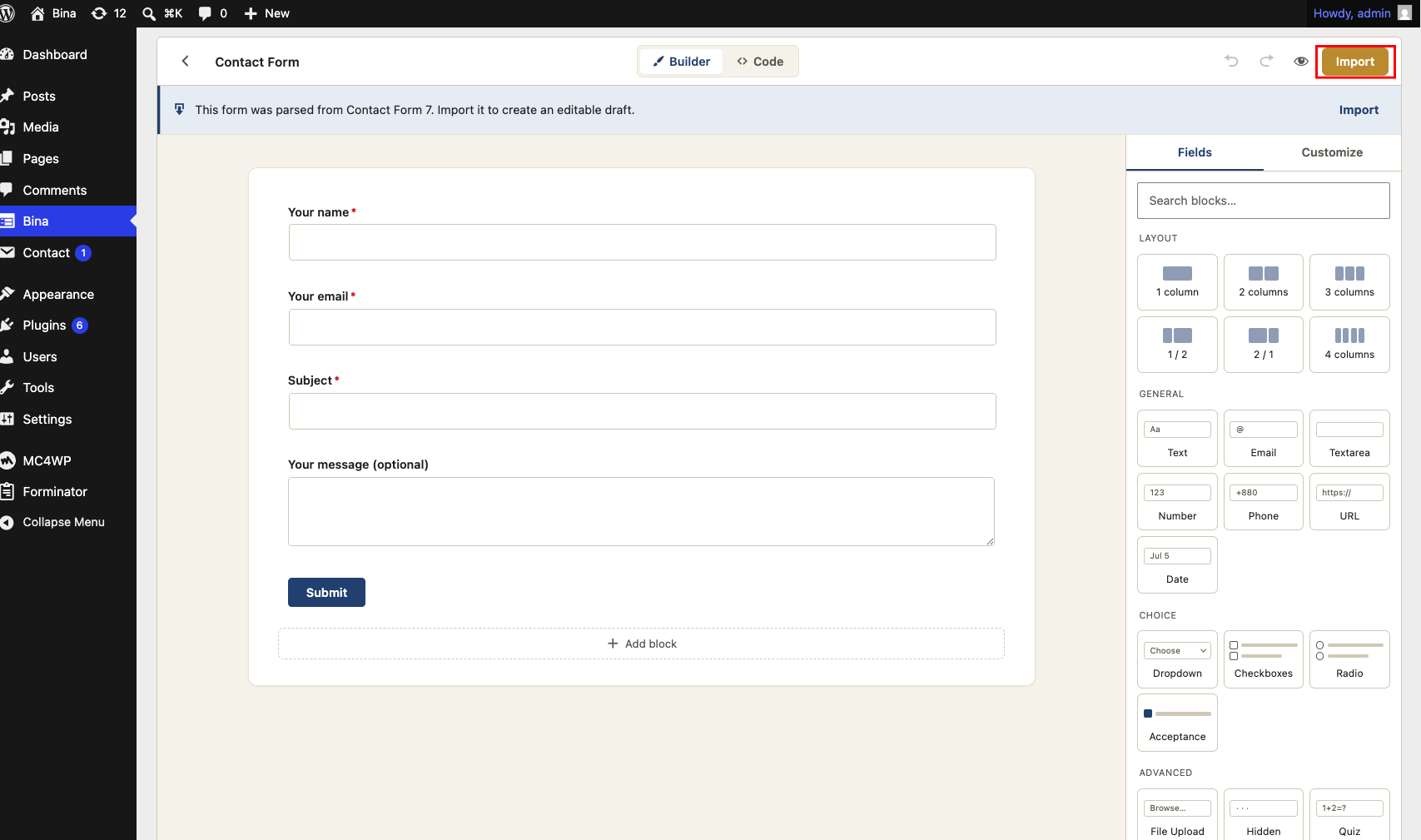One-click import of an existing Contact Form 7 form into an editable draft.