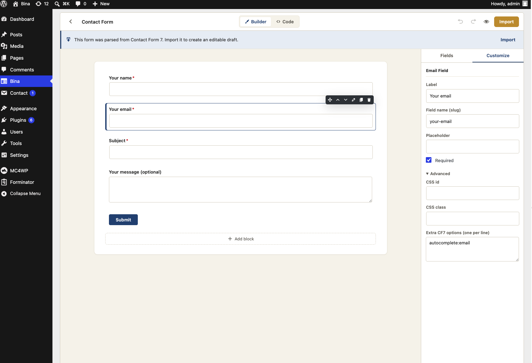 Field settings panel with every CF7 option editable — label, name, placeholder, required, and raw CF7 options.
