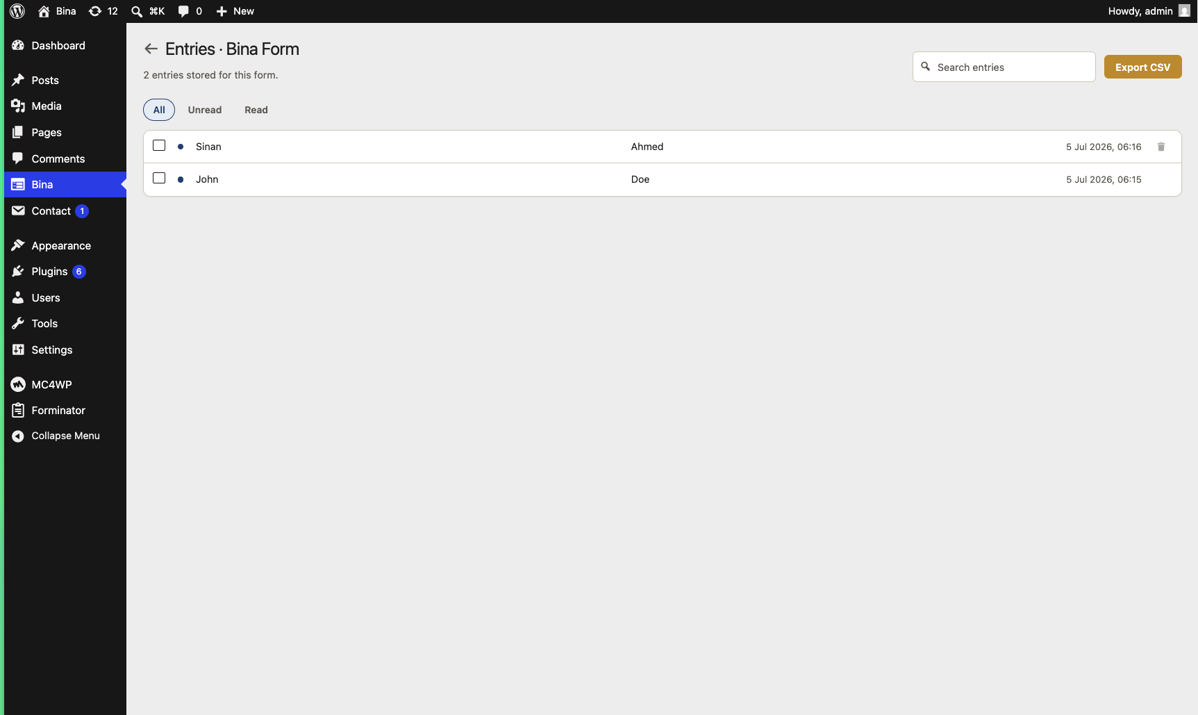 Entries — Contact Form 7 doesn't store submissions; Bina does. Search, read/unread states, and one-click CSV export.