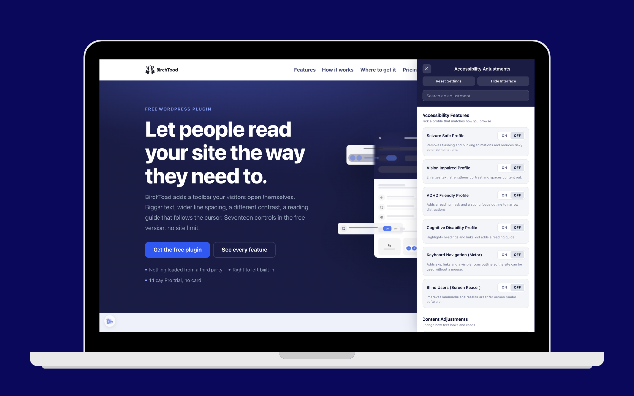 Content adjustments, with every control resettable to the site default.