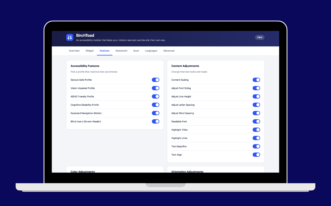 The admin Features tab.