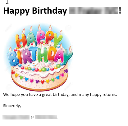 An example of a birthday email sent.
