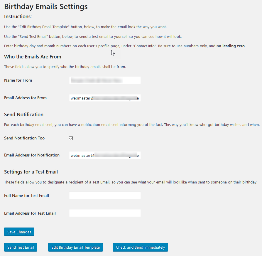 The Settings panel for the Birthday Emails plugin.