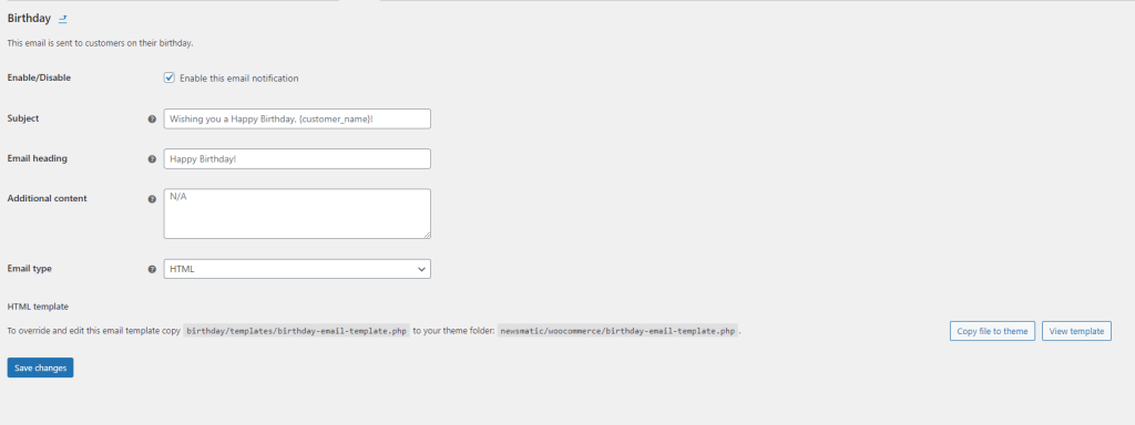 Birthday Email Customization Settings