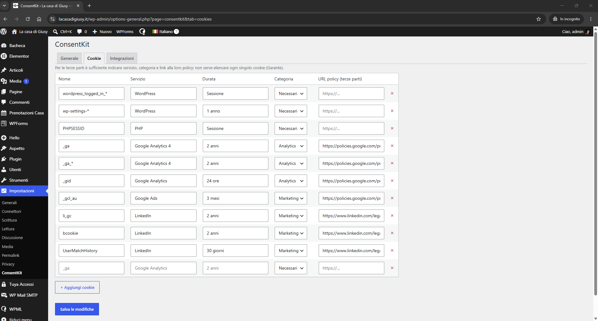 Settings → Cookies: cookie registry.