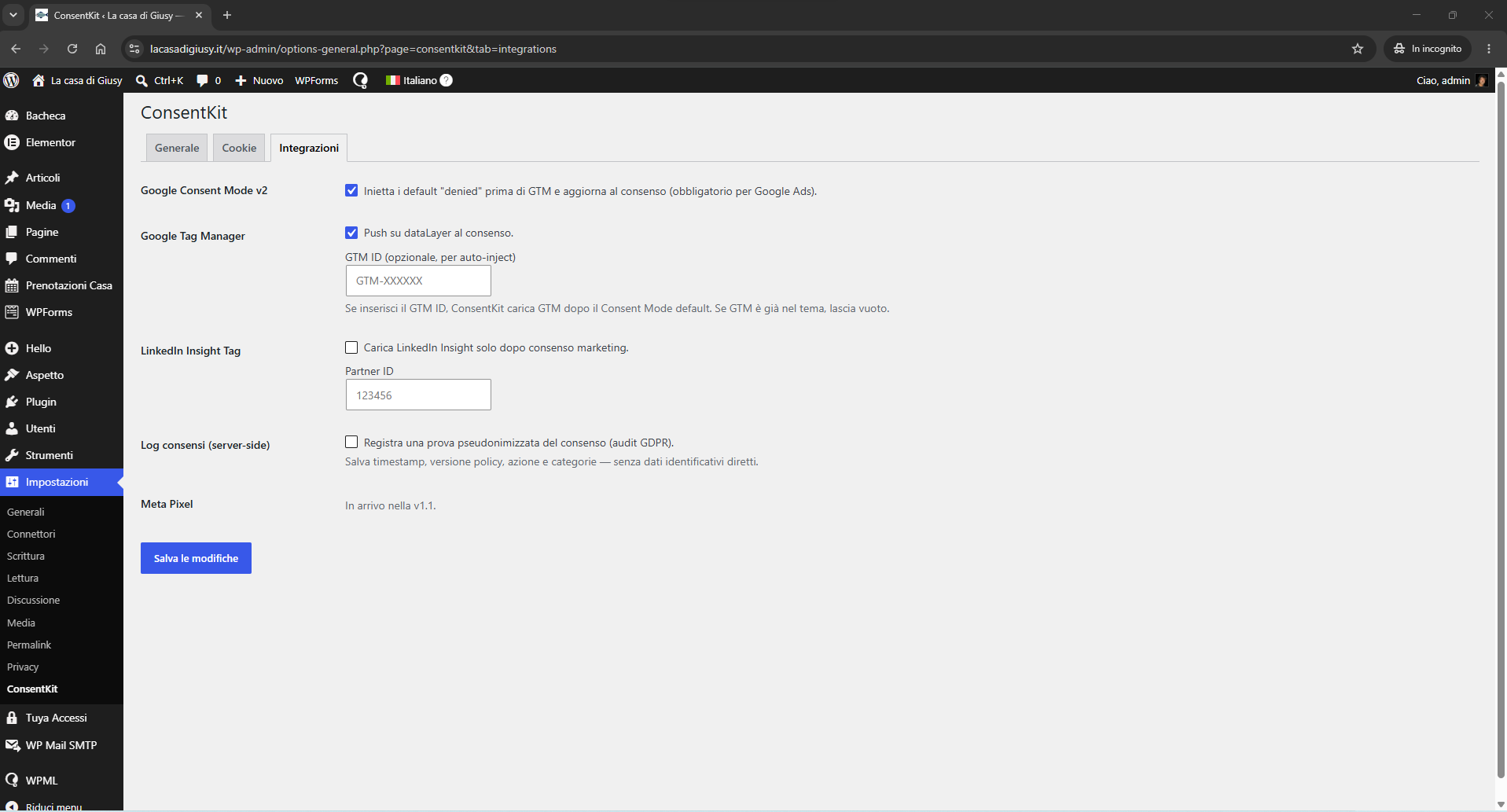 Settings → Integrations: Consent Mode v2, GTM, LinkedIn.