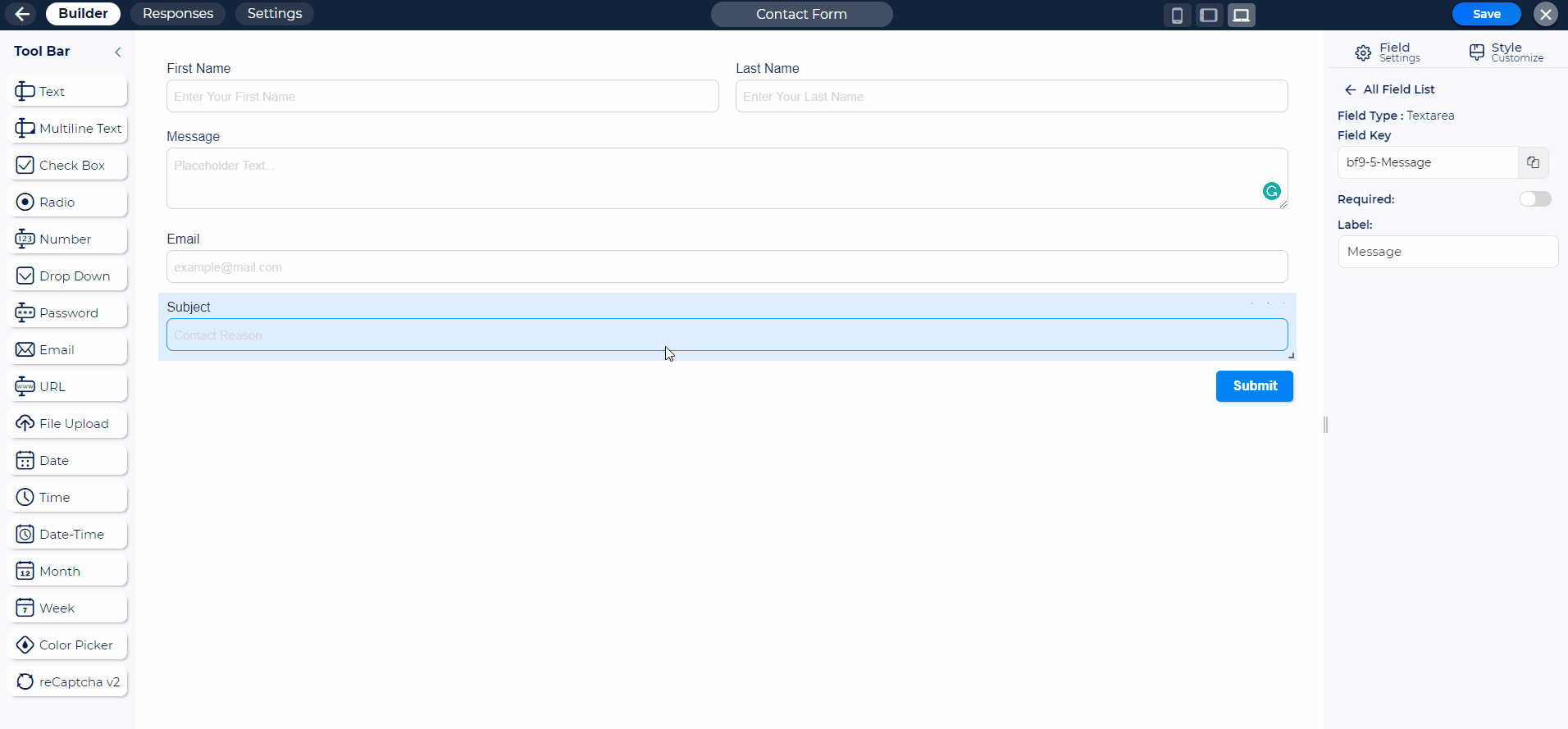 Drag and drop Feature to add fields and resize them to build multi column form