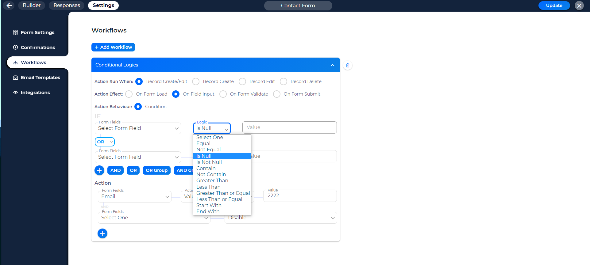 Advanced conditional logic to show/hide fields, send email, redirect page, web hook, integration based on user input