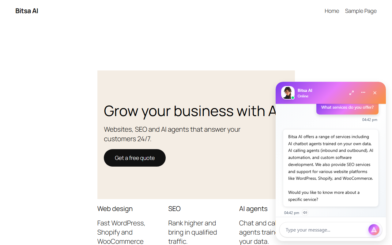 The Bitsa AI chatbot answering a visitor's question on a WordPress site.