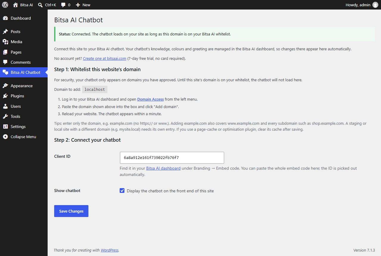The plugin settings page: whitelist your domain, paste your Client ID and you are connected.