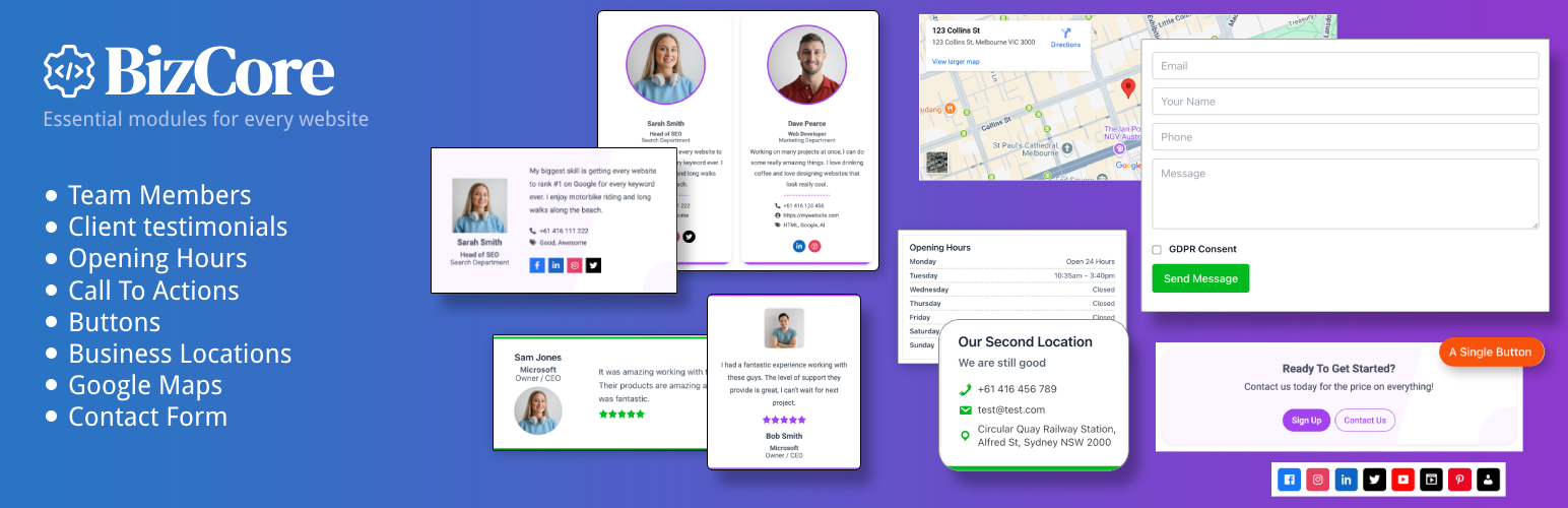 BizCore – Business Plugin – Opening Hours, Locations, Team Members, Reviews, Maps, Forms