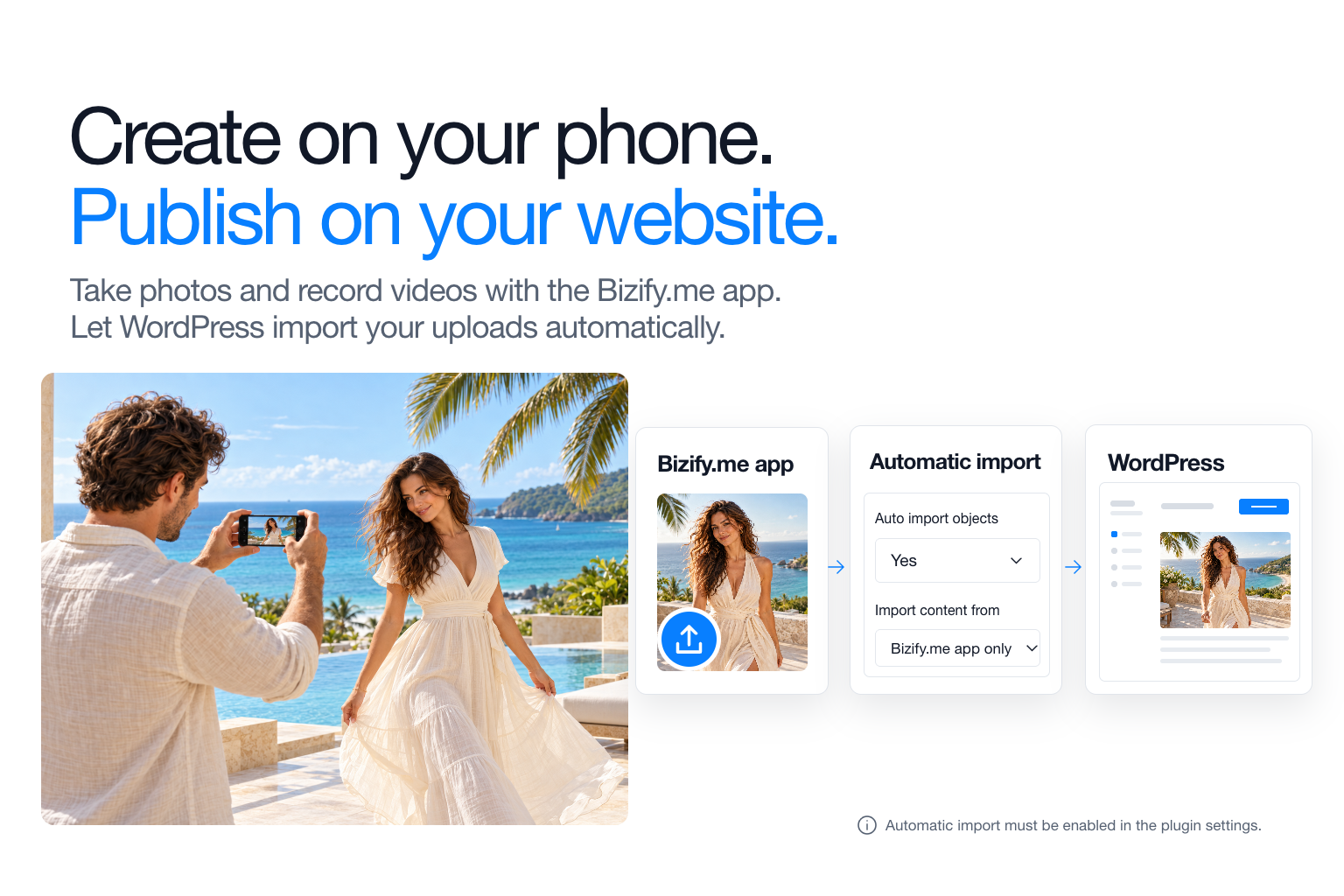Create with the Bizify.me app and publish uploads to WordPress through automatic import.