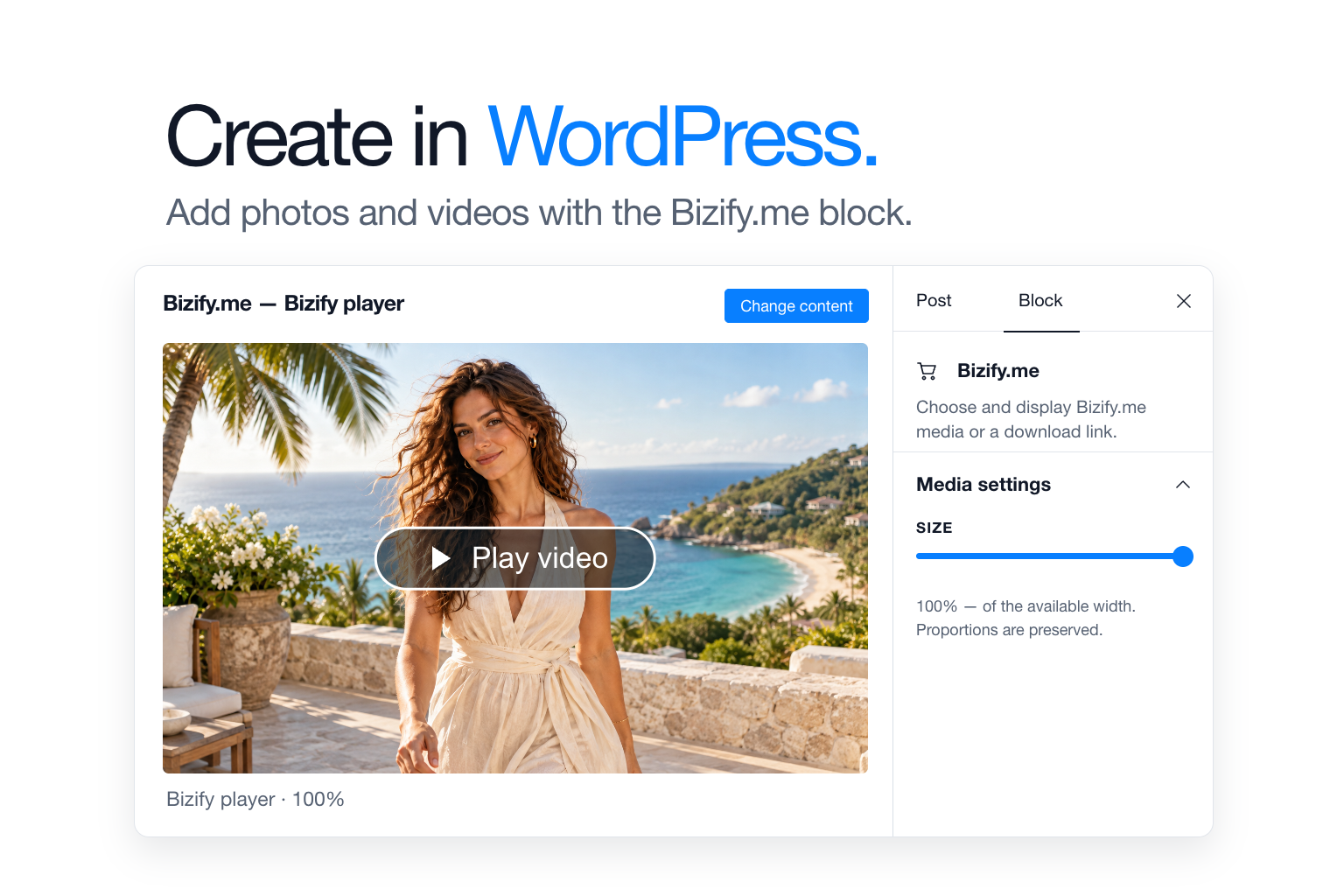 Add content with the native Bizify.me block and adjust its size to fit your page.