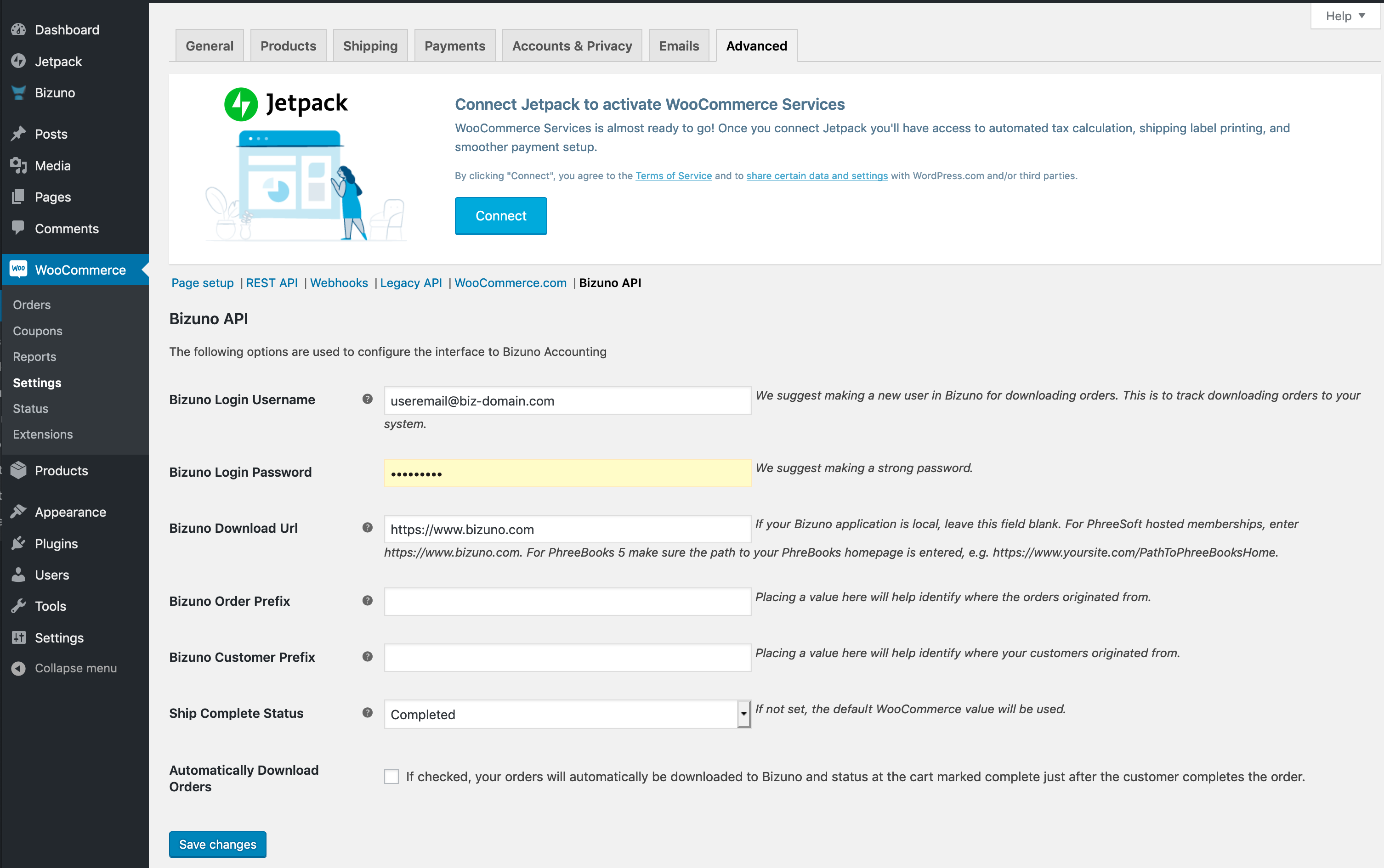 Bizuno-WooCommerce Interface Settings. Establishes the credentials to connect to your Bizuno accounting business.
