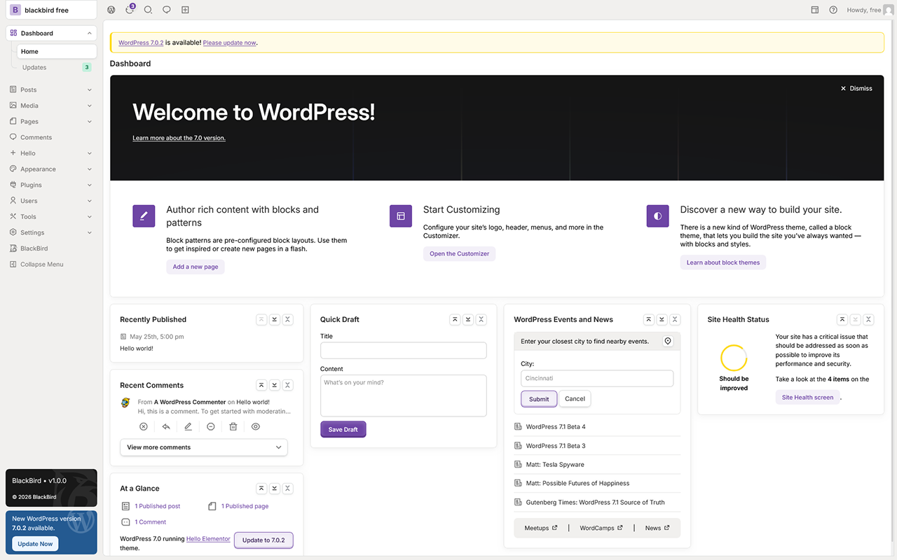 The BlackBird admin dashboard - clean, modern, and distraction-free.