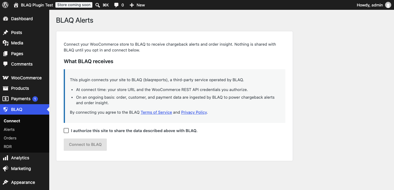 The Connect screen. Review exactly what BLAQ receives, tick the consent box, and connect. Nothing is shared with BLAQ until you do.