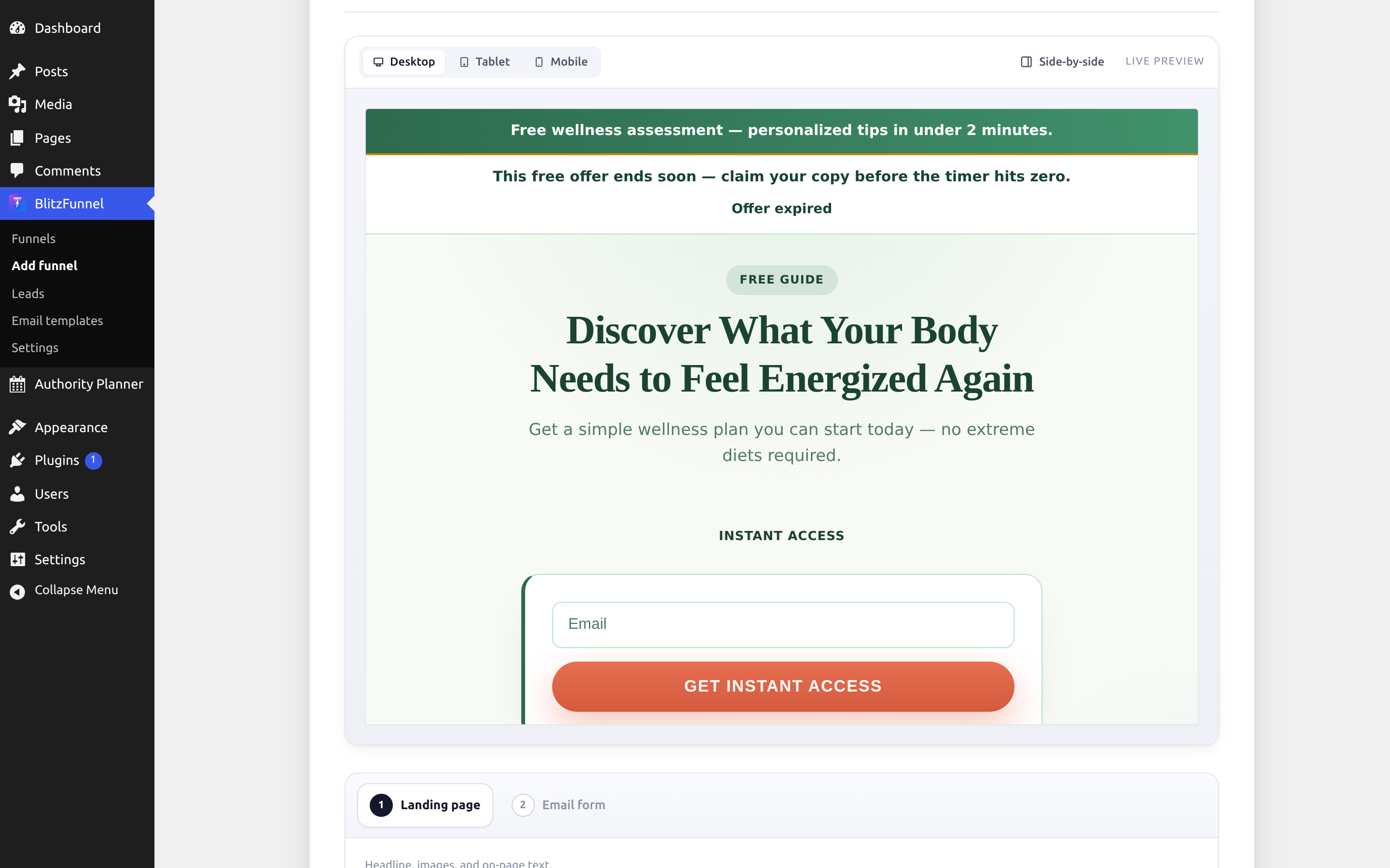 The funnel builder wizard guides you through building a complete funnel step by step.