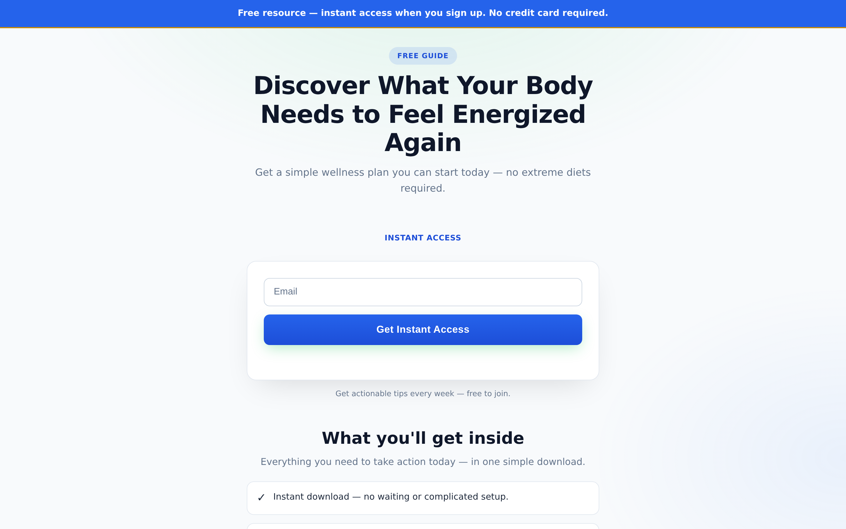 A published landing page with an inline opt-in form on a theme-independent layout.