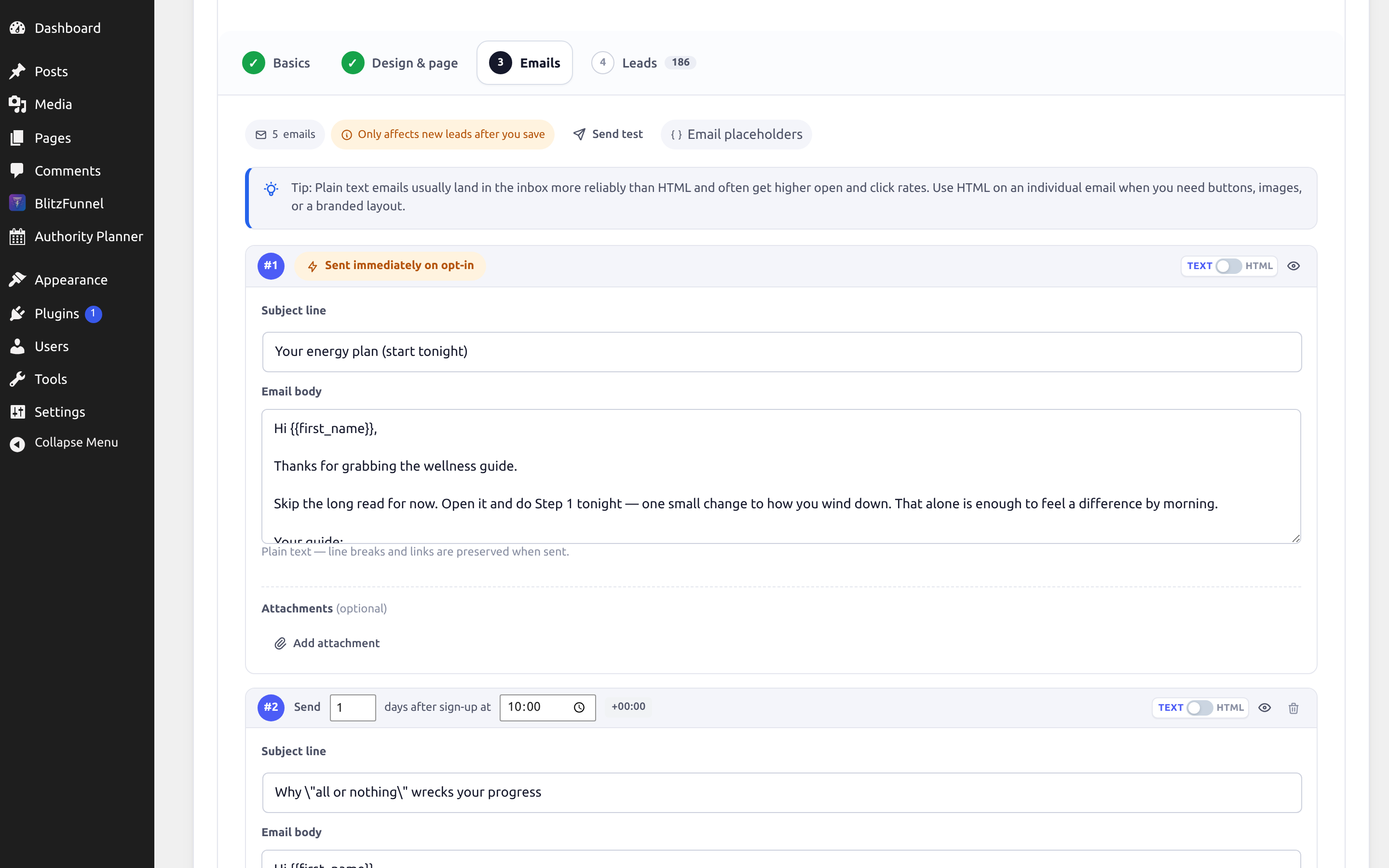 The email sequence editor showing day- and time-based scheduling for each follow-up.