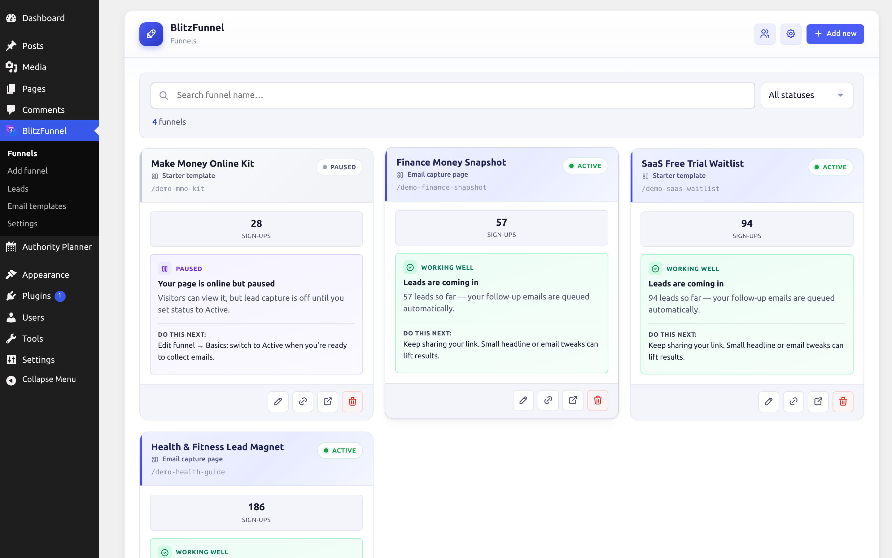 The funnel dashboard displaying leads captured per funnel.