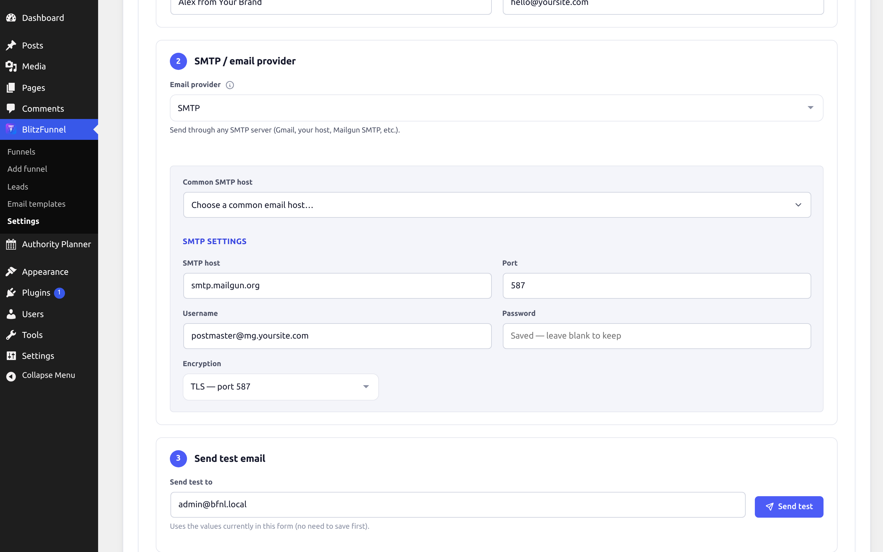 Email delivery settings showing SMTP configuration and spam protection options.