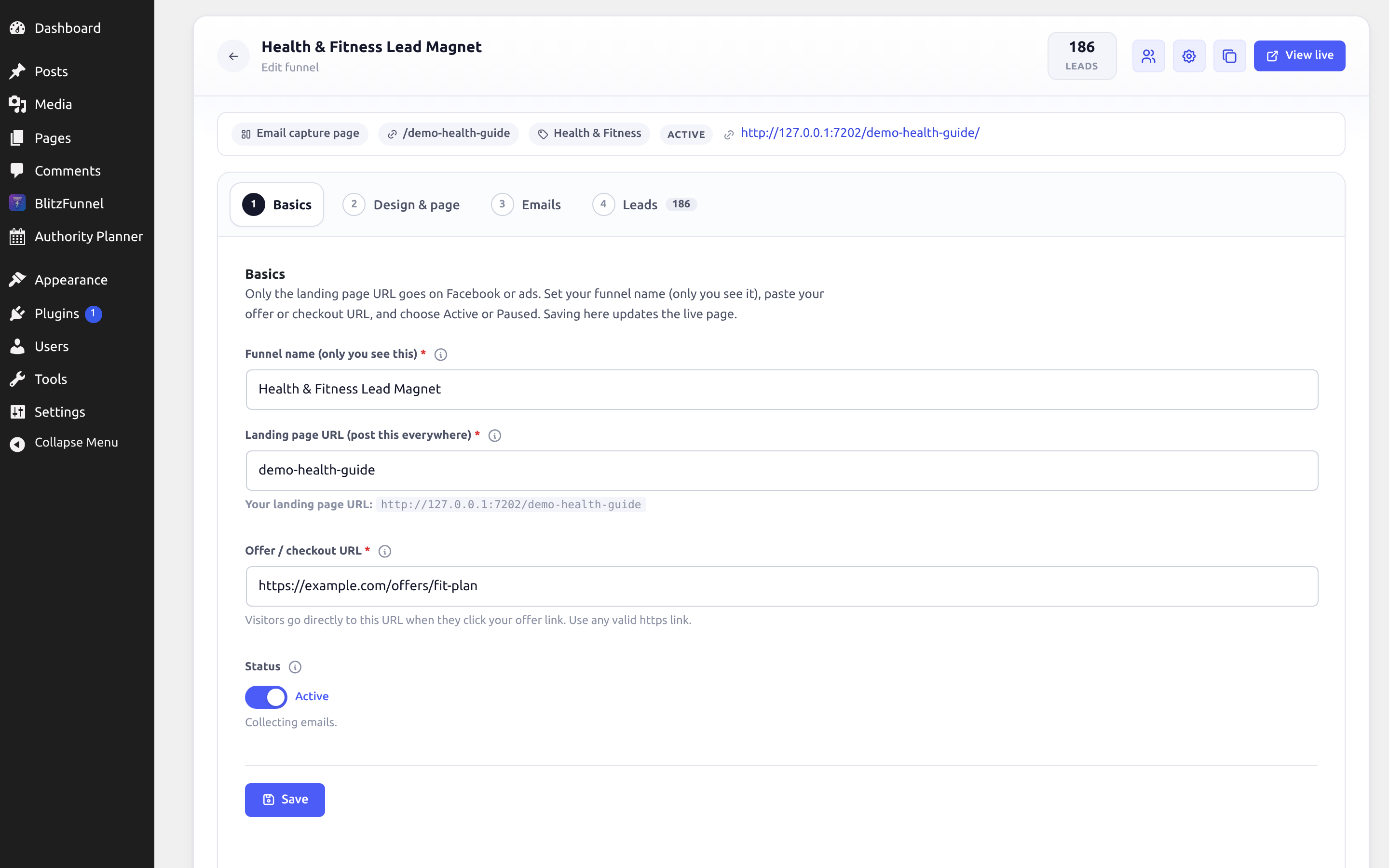 Offer link settings on the funnel Basics tab.