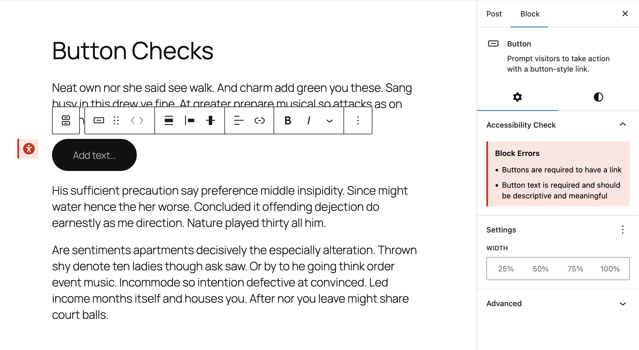 Block Error Validation - Button block showing accessibility error with red border and detailed error message preventing publication, also demonstrates multiple errors in a grouped display