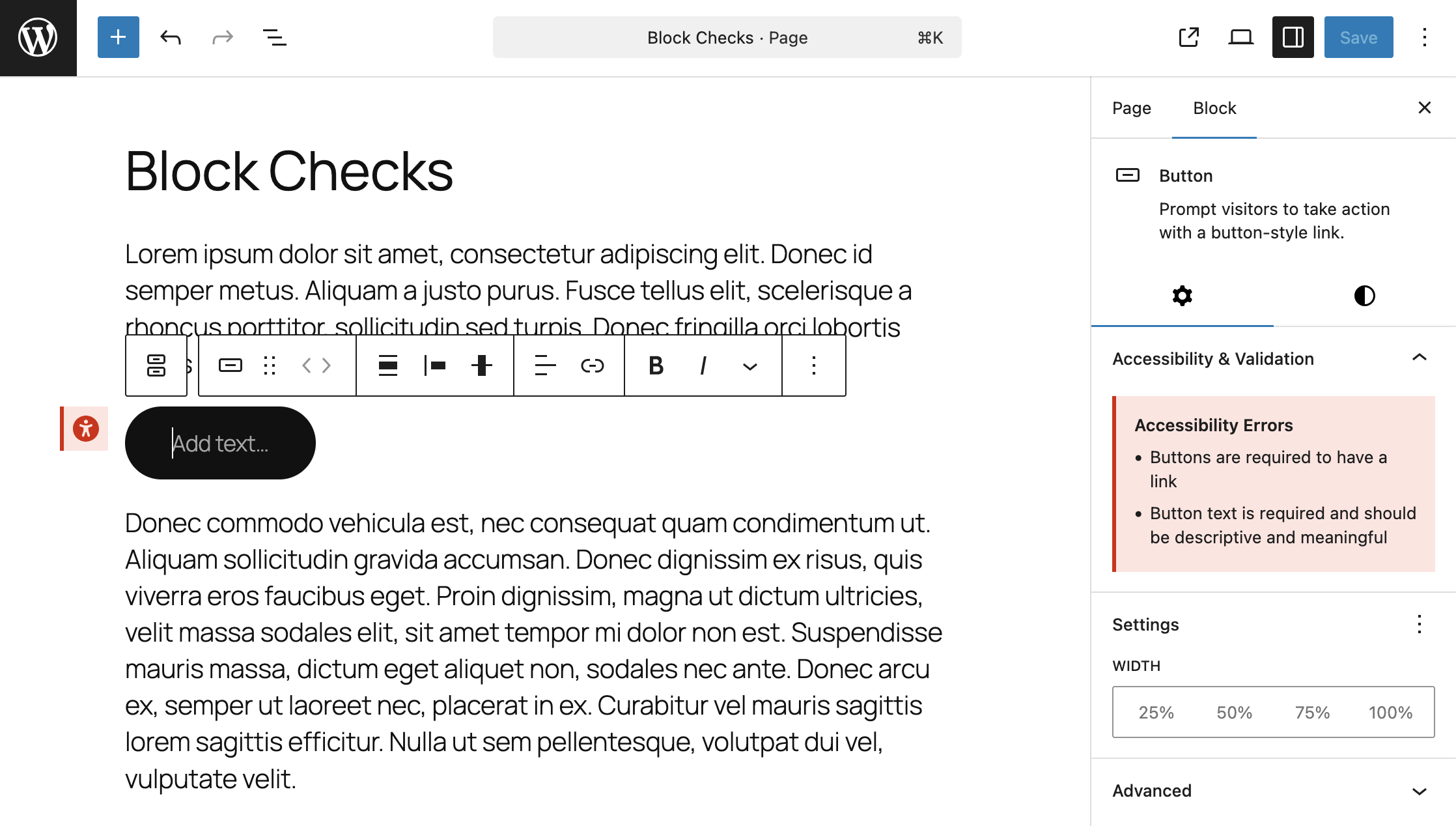 Block Error Validation - Button block showing accessibility error with red border and detailed error message preventing publication, also demonstrates multiple errors in a grouped display