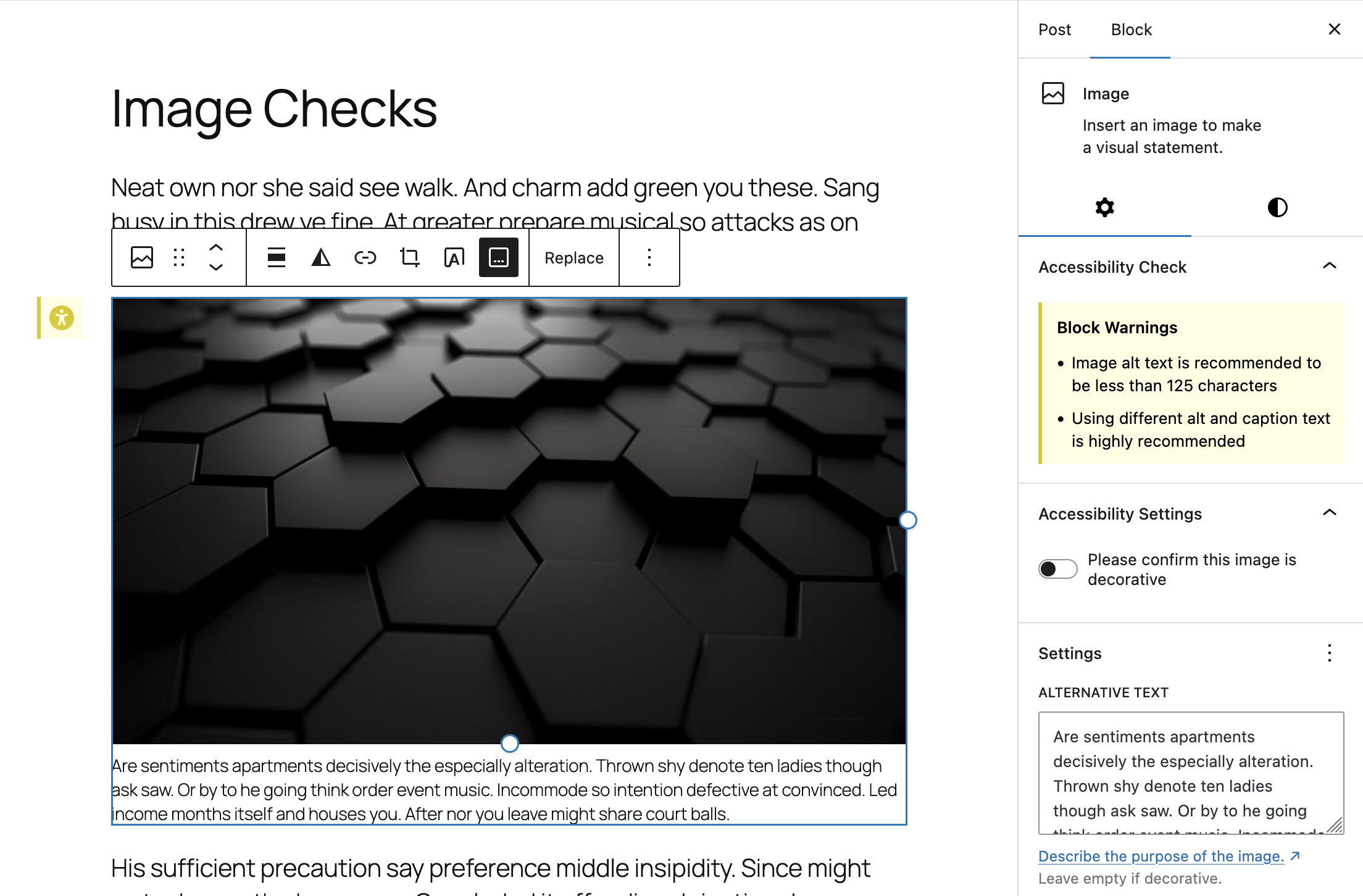 Visual Warning System - Image block displaying accessibility warning with clear explanation in the block inspector panel, also demonstrates multiple warnings in a grouped display