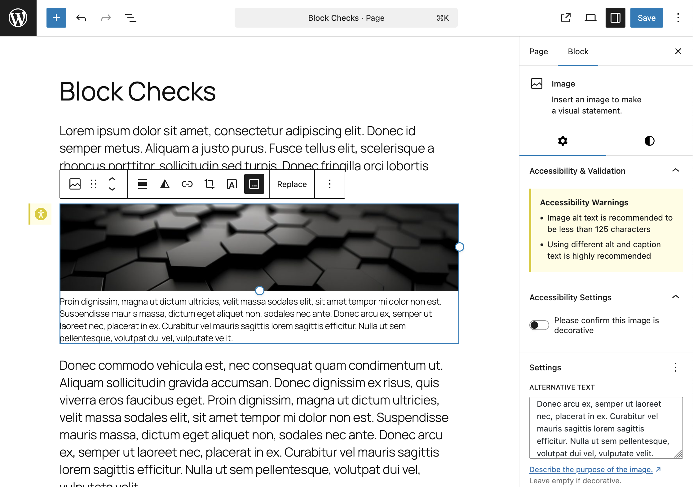 Visual Warning System - Image block displaying accessibility warning with clear explanation in the block inspector panel, also demonstrates multiple warnings in a grouped display