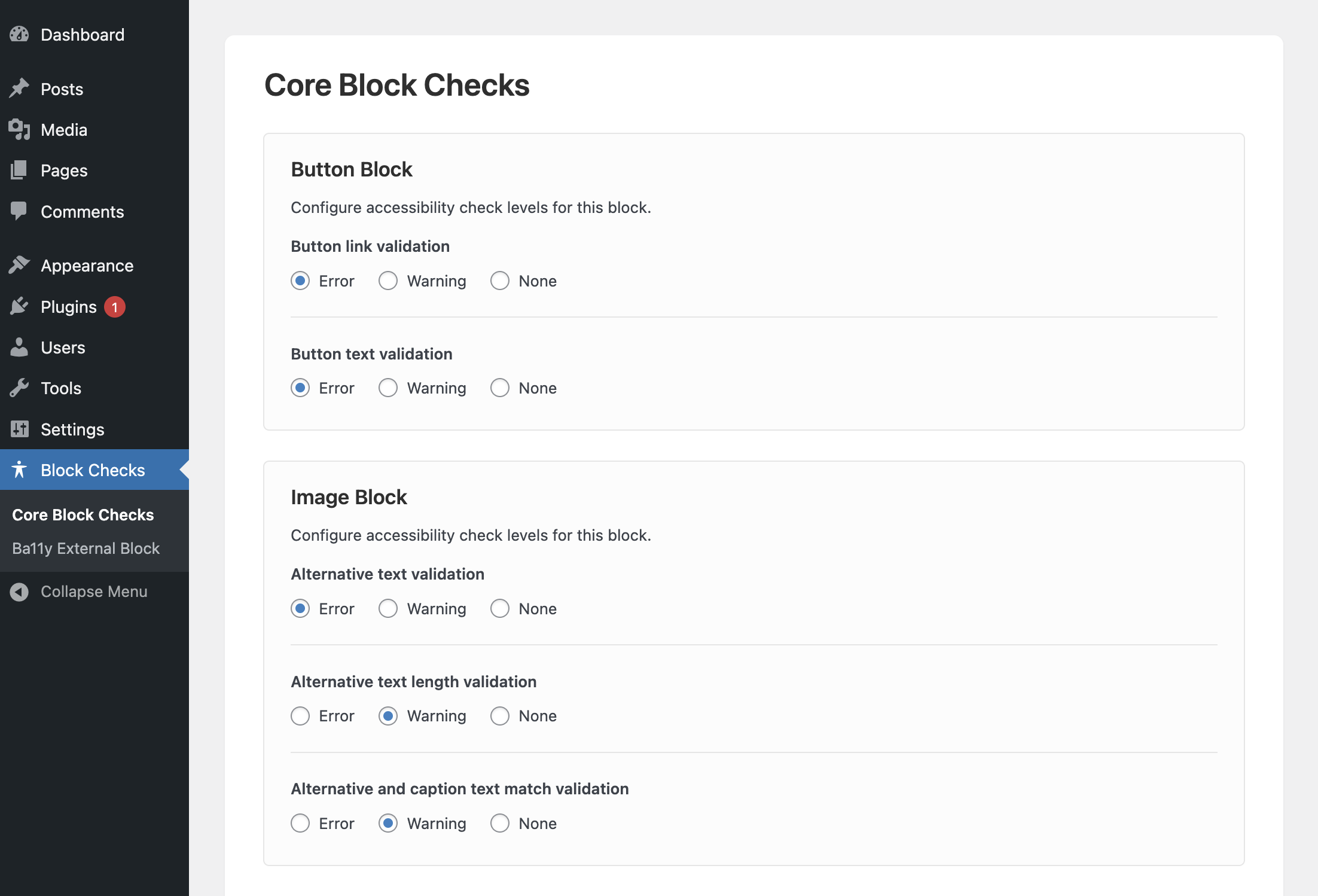 Comprehensive Settings Panel - Plugin configuration page with granular control over accessibility check severity levels
