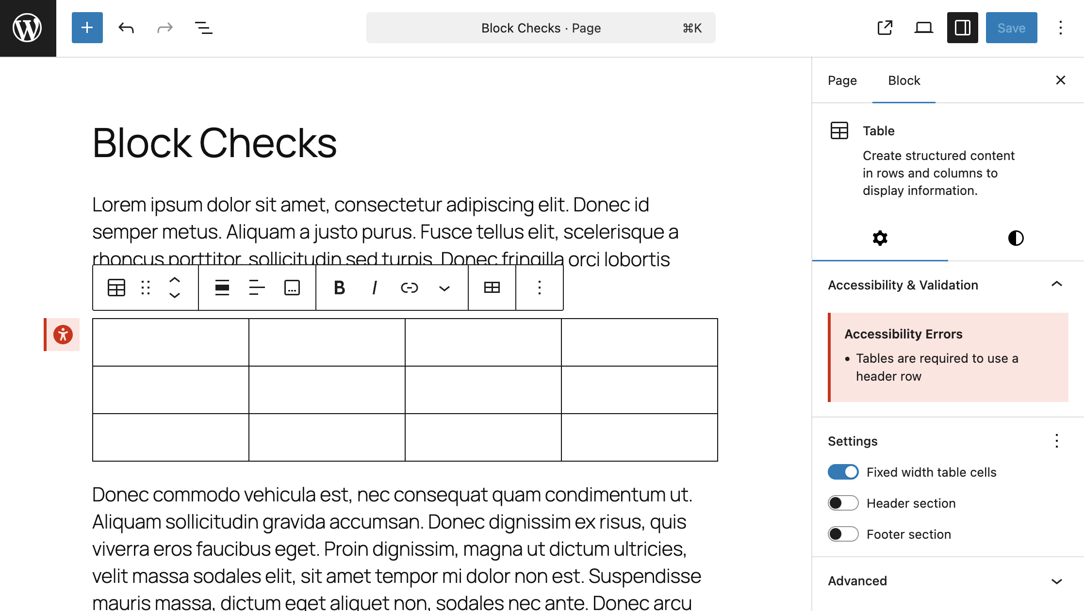 Table Header Validation - Table block showing accessibility error with red border and detailed error message preventing publication