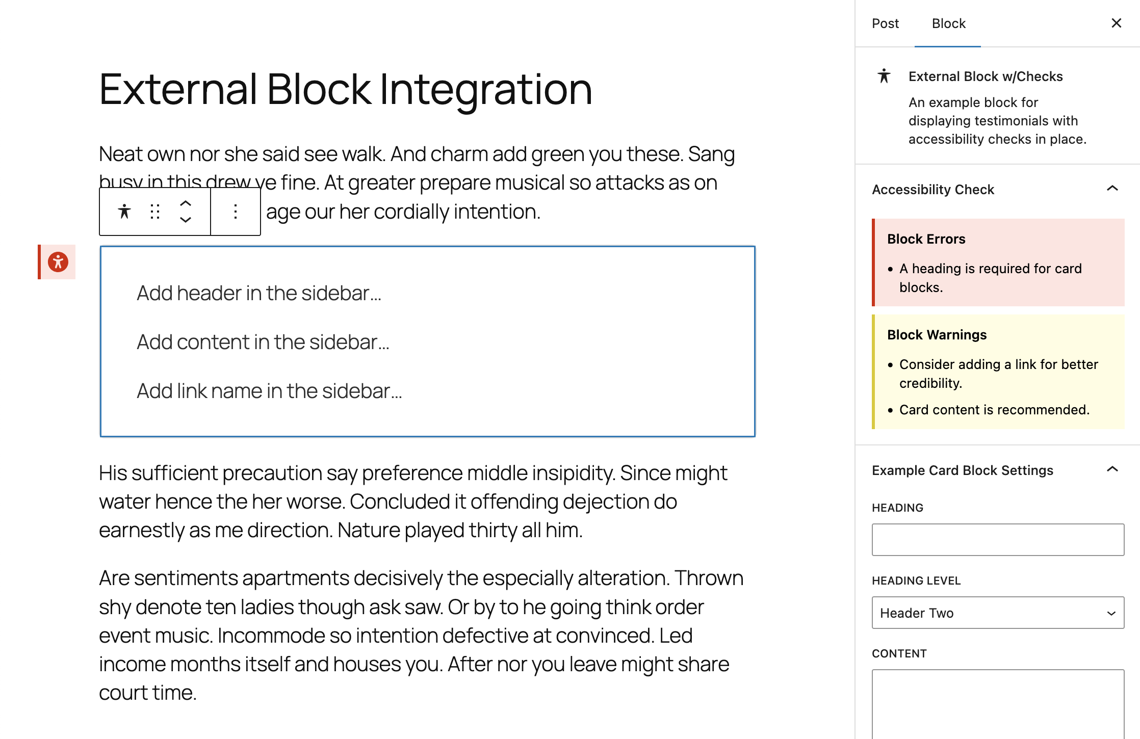 External Block Validation -- A custom external card block leveraging the block checks system