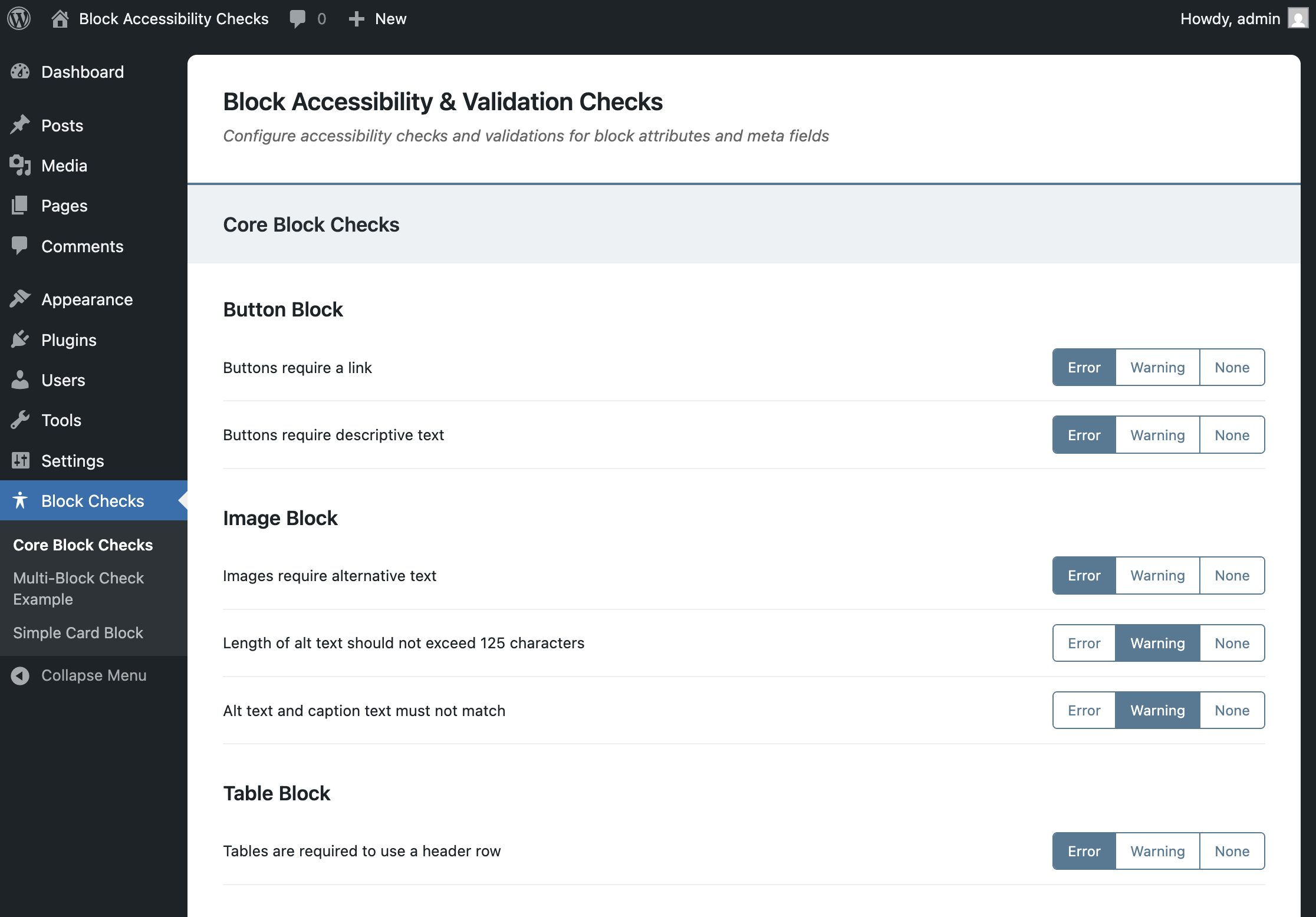 Comprehensive Settings Panel - Plugin configuration page with granular control over accessibility check severity levels