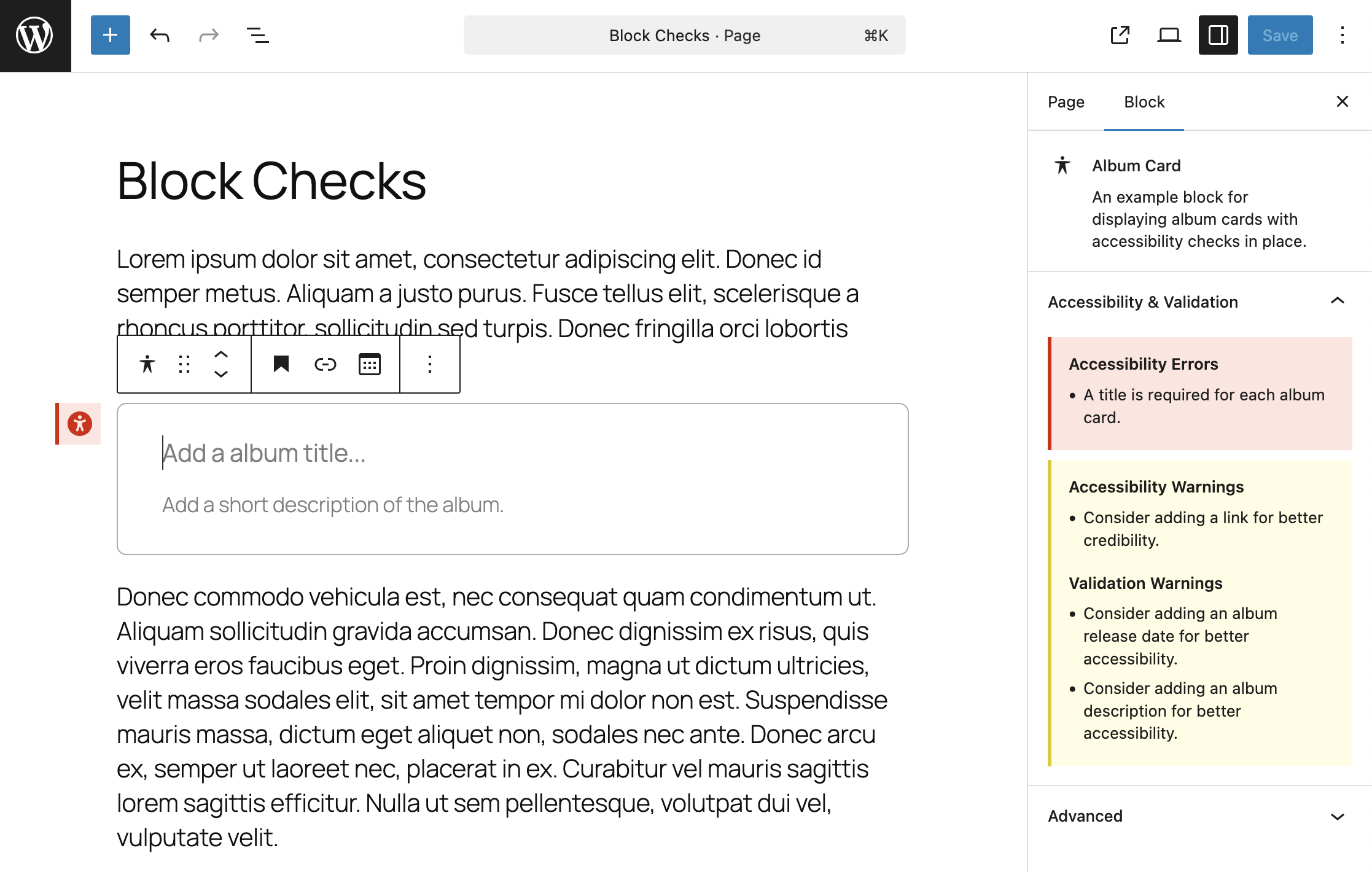 External Block Validation -- A custom external card block leveraging the block checks system