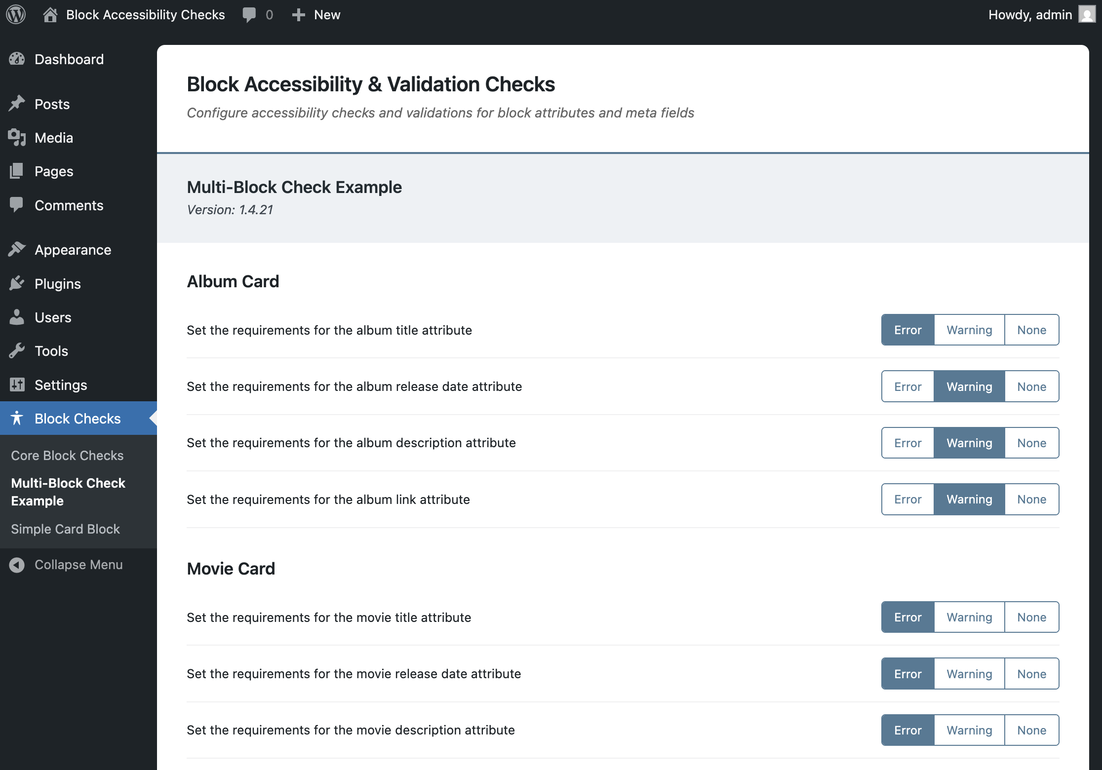 External Block Settings Panel -- A custom external card block leveraging the block checks system