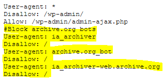 Block Archive.org via WordPress robots.txt