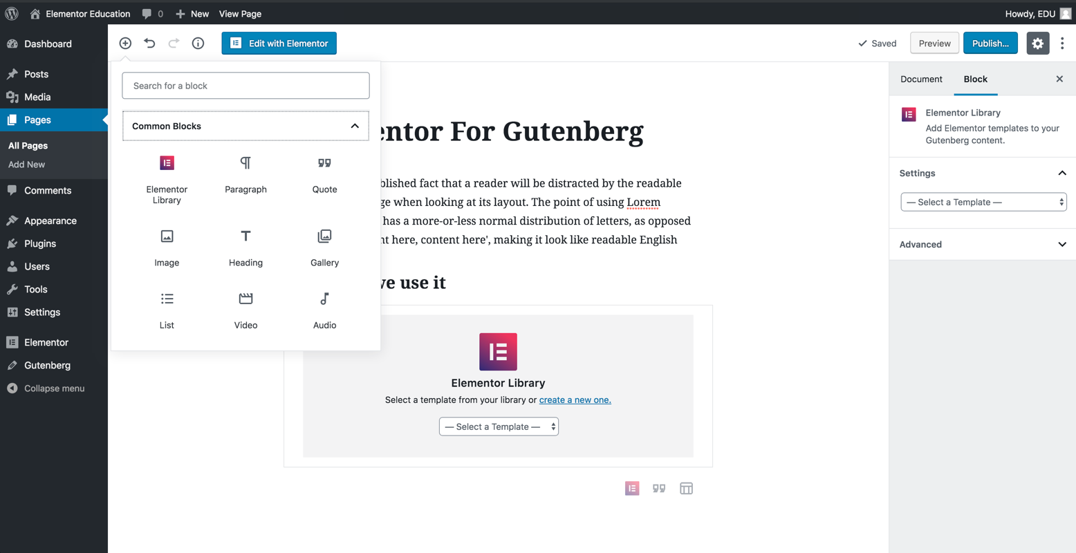 Elementor Blocks for Gutenberg：将Elementor模板轻松插入Gutenberg