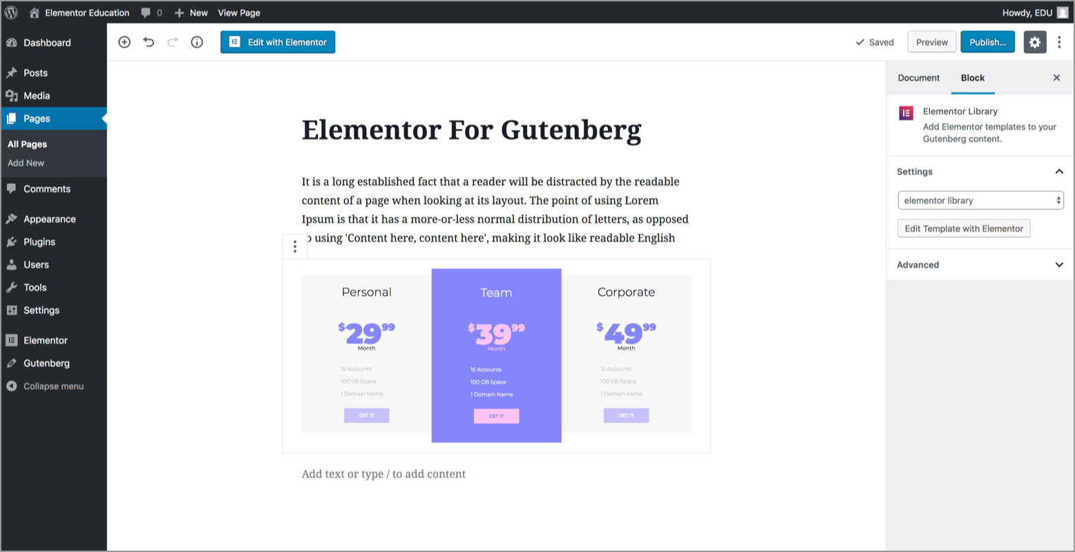 Elementor Library block with a template preview