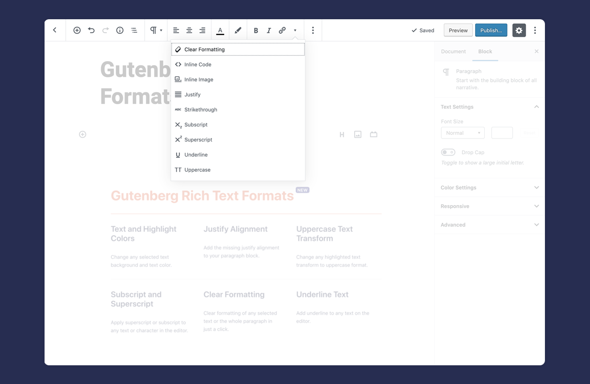 Gutenberg Editor Rich Text Formats